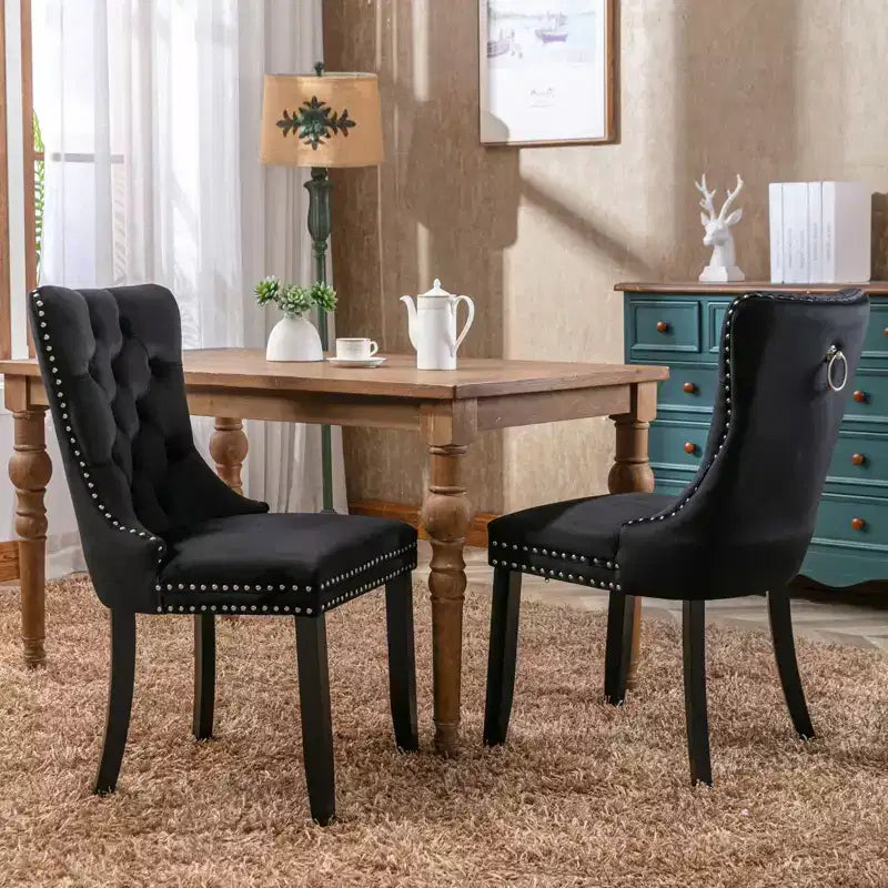 Okak Farmhouse – Lot de 2 chaises de salle à manger rembourrées, pieds en bois massif, cloutées, chaises d'appoint touffues en velours confortables pour table de salle à manger