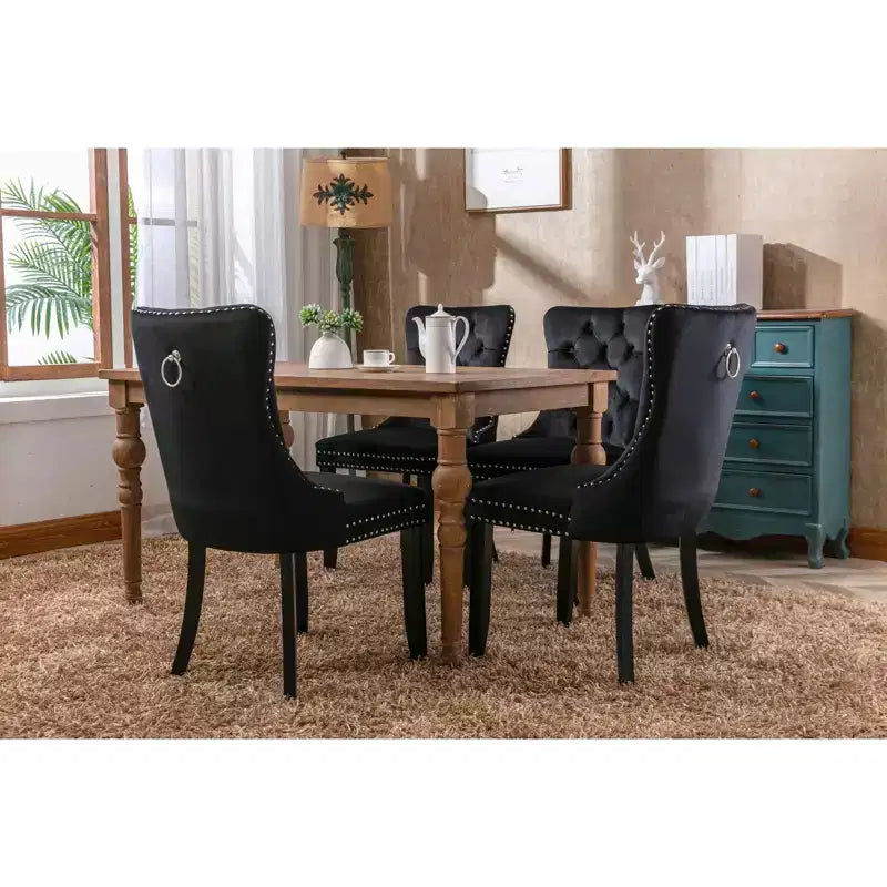 Okak Farmhouse – Lot de 2 chaises de salle à manger rembourrées, pieds en bois massif, cloutées, chaises d'appoint touffues en velours confortables pour table de salle à manger