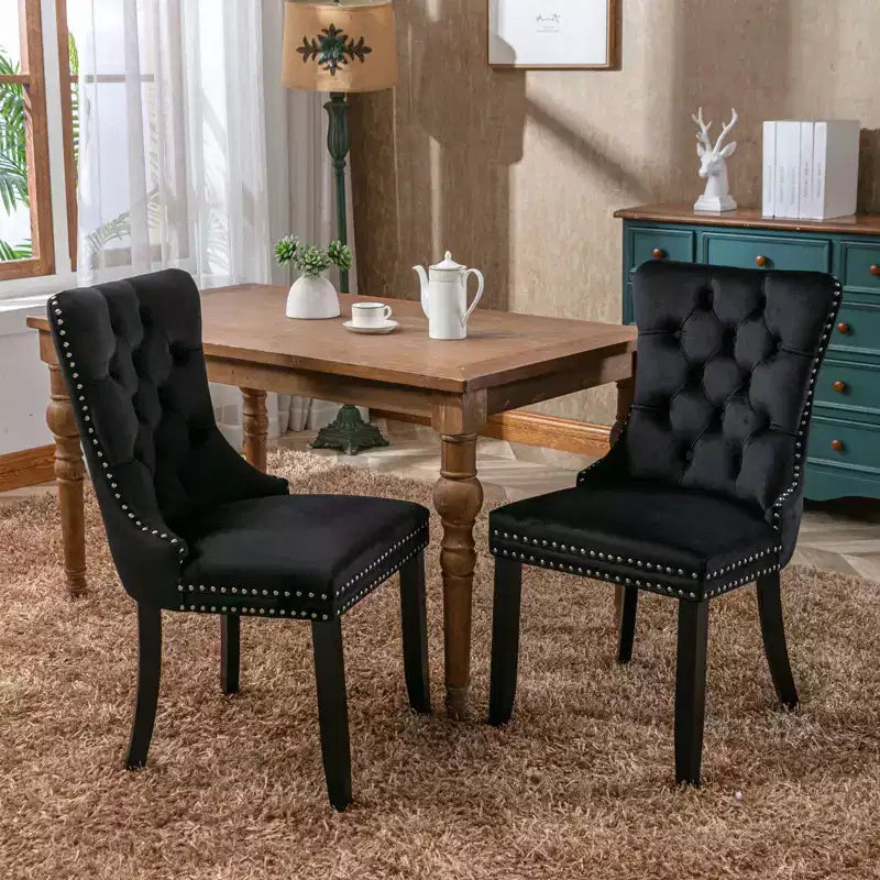 Okak Farmhouse – Lot de 2 chaises de salle à manger rembourrées, pieds en bois massif, cloutées, chaises d'appoint touffues en velours confortables pour table de salle à manger