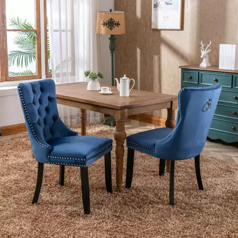 Okak Farmhouse – Lot de 2 chaises de salle à manger rembourrées, pieds en bois massif, cloutées, chaises d'appoint touffues en velours confortables pour table de salle à manger