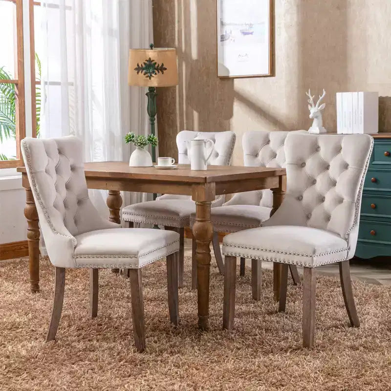 Okak Farmhouse – Lot de 2 chaises de salle à manger rembourrées, pieds en bois massif, cloutées, chaises d'appoint touffues en velours confortables pour table de salle à manger