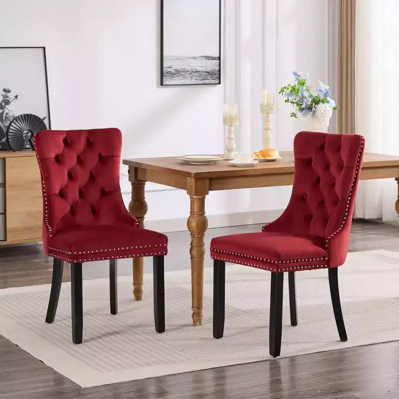 Okak Farmhouse – Lot de 2 chaises de salle à manger rembourrées, pieds en bois massif, cloutées, chaises d'appoint touffues en velours confortables pour table de salle à manger