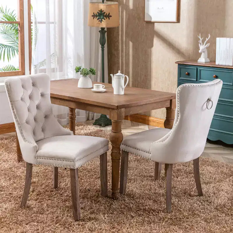 Okak Farmhouse – Lot de 2 chaises de salle à manger rembourrées, pieds en bois massif, cloutées, chaises d'appoint touffues en velours confortables pour table de salle à manger