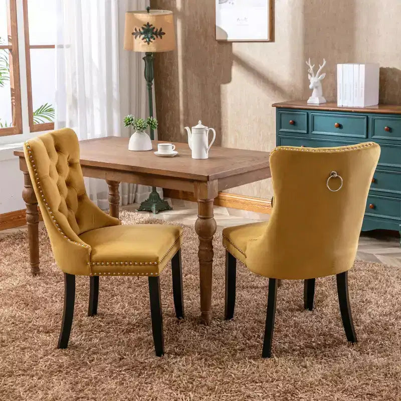 Okak Farmhouse – Lot de 2 chaises de salle à manger rembourrées, pieds en bois massif, cloutées, chaises d'appoint touffues en velours confortables pour table de salle à manger
