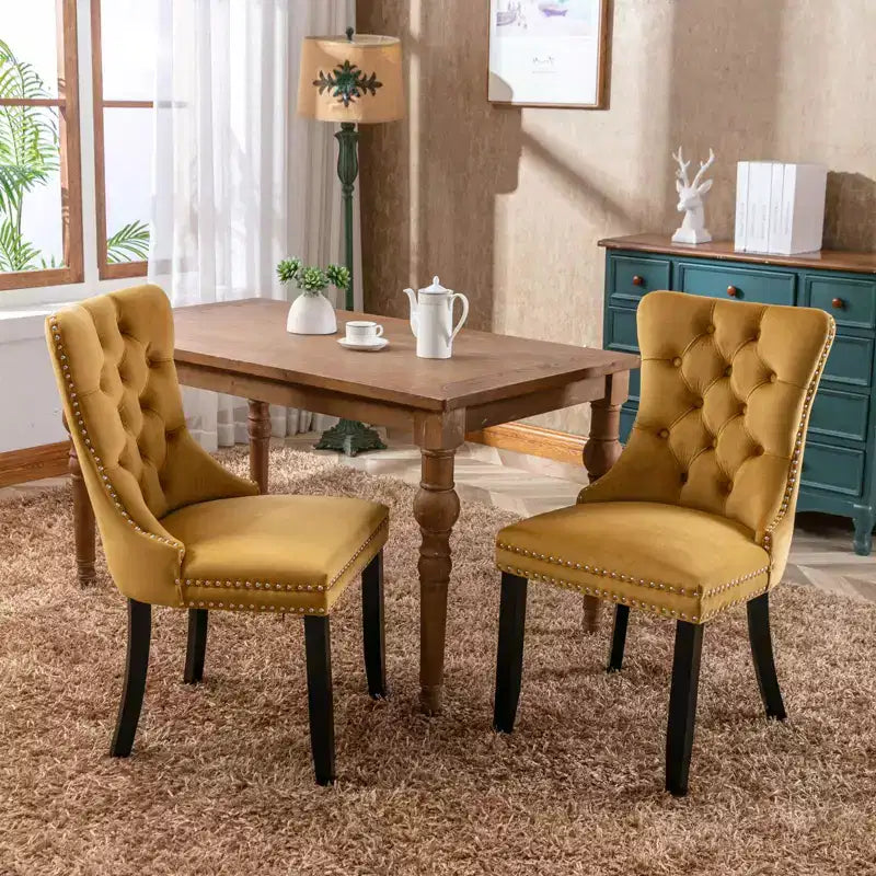 Okak Farmhouse – Lot de 2 chaises de salle à manger rembourrées, pieds en bois massif, cloutées, chaises d'appoint touffues en velours confortables pour table de salle à manger