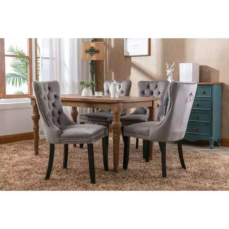 Okak Farmhouse – Lot de 2 chaises de salle à manger rembourrées, pieds en bois massif, cloutées, chaises d'appoint touffues en velours confortables pour table de salle à manger