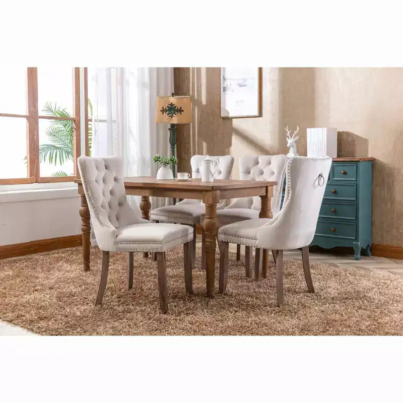 Okak Farmhouse – Lot de 2 chaises de salle à manger rembourrées, pieds en bois massif, cloutées, chaises d'appoint touffues en velours confortables pour table de salle à manger