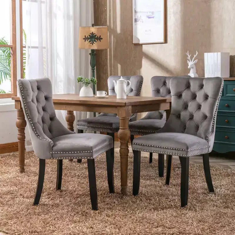 Okak Farmhouse – Lot de 2 chaises de salle à manger rembourrées, pieds en bois massif, cloutées, chaises d'appoint touffues en velours confortables pour table de salle à manger