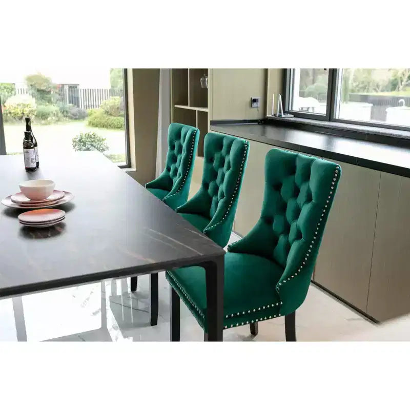 Okak Farmhouse – Lot de 2 chaises de salle à manger rembourrées, pieds en bois massif, cloutées, chaises d'appoint touffues en velours confortables pour table de salle à manger