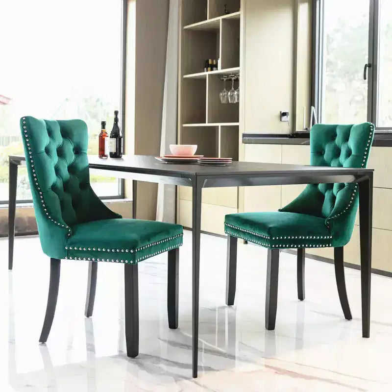 Okak Farmhouse – Lot de 2 chaises de salle à manger rembourrées, pieds en bois massif, cloutées, chaises d'appoint touffues en velours confortables pour table de salle à manger