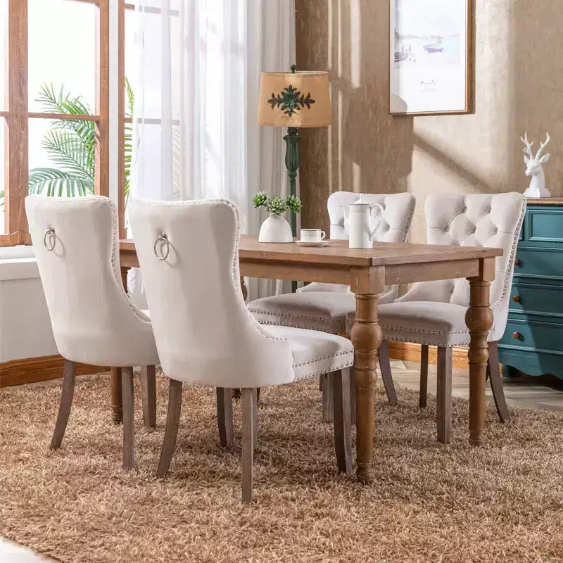 Okak Farmhouse – Lot de 2 chaises de salle à manger rembourrées, pieds en bois massif, cloutées, chaises d'appoint touffues en velours confortables pour table de salle à manger
