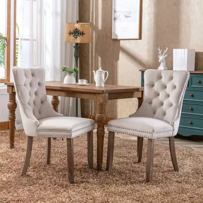 Okak Farmhouse – Lot de 2 chaises de salle à manger rembourrées, pieds en bois massif, cloutées, chaises d'appoint touffues en velours confortables pour table de salle à manger