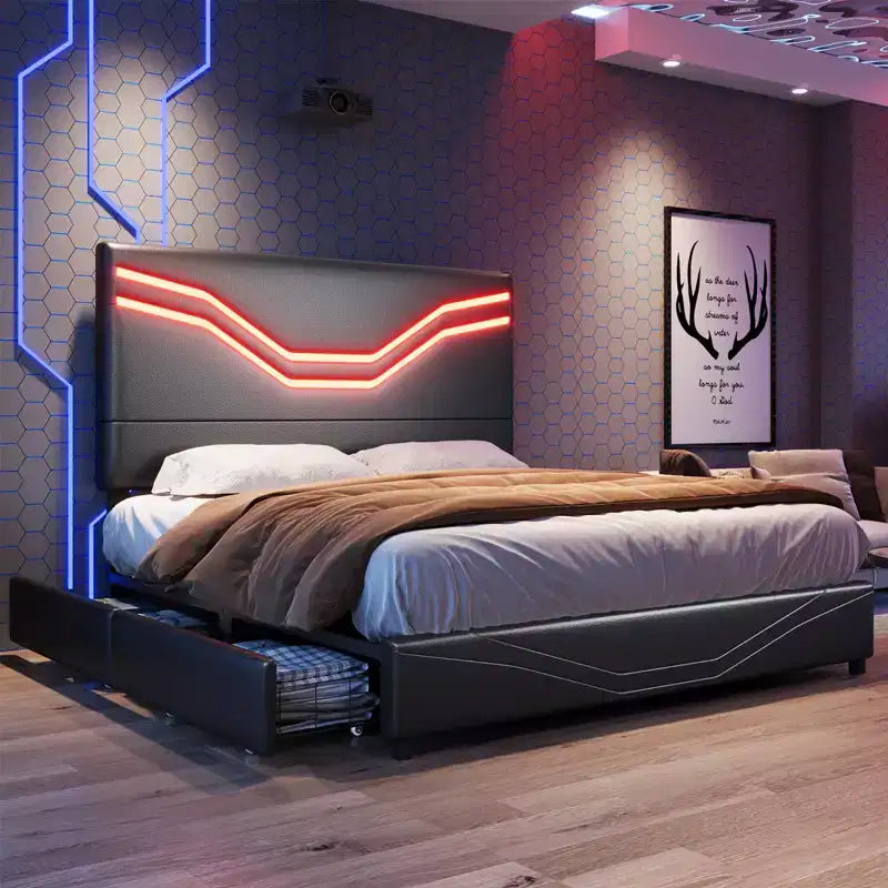 AMERLIFE Bed Frame with LED Lights and Storage Drawers, Leather Upholstered Headboard, No Box Spring Needed