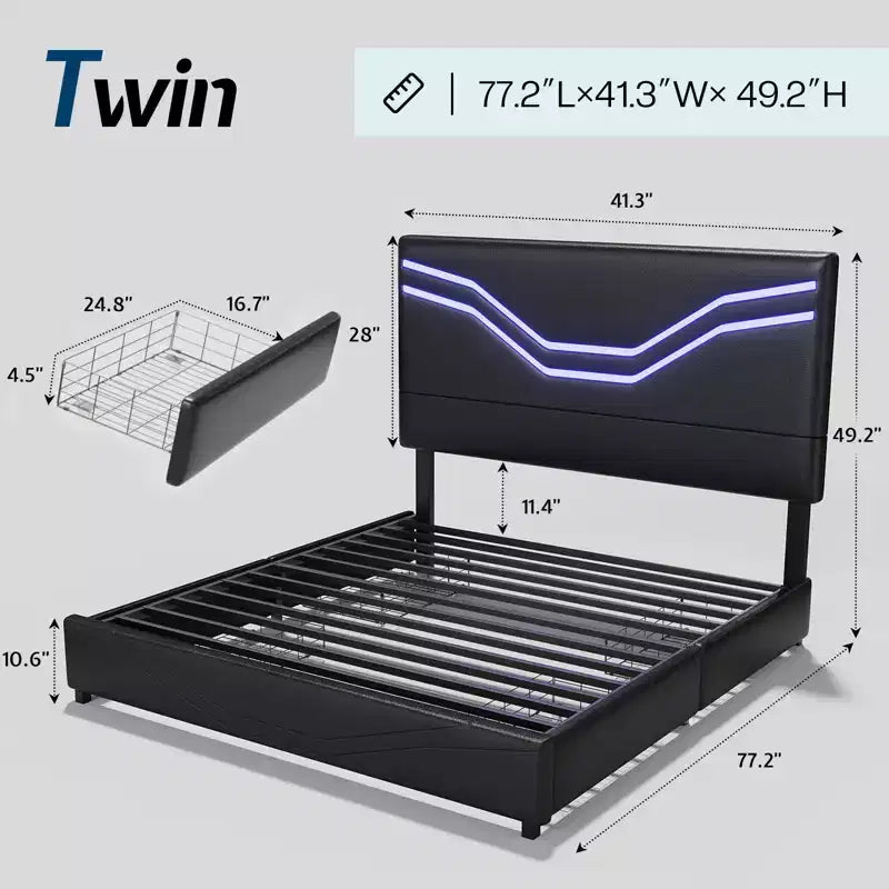 Cadre de lit AMERLIFE avec lumières LED et tiroirs de rangement, tête de lit rembourrée en cuir, aucun sommier tapissier requis