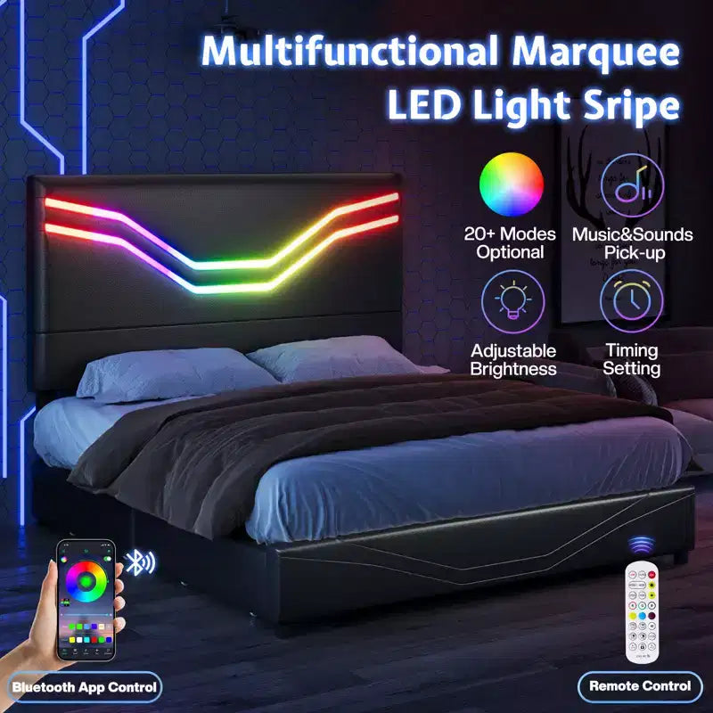 Cadre de lit AMERLIFE avec lumières LED et tiroirs de rangement, tête de lit rembourrée en cuir, aucun sommier tapissier requis