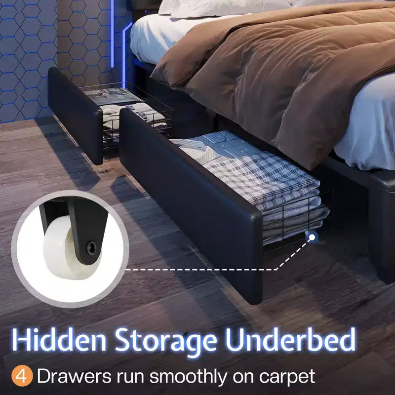Cadre de lit AMERLIFE avec lumières LED et tiroirs de rangement, tête de lit rembourrée en cuir, aucun sommier tapissier requis