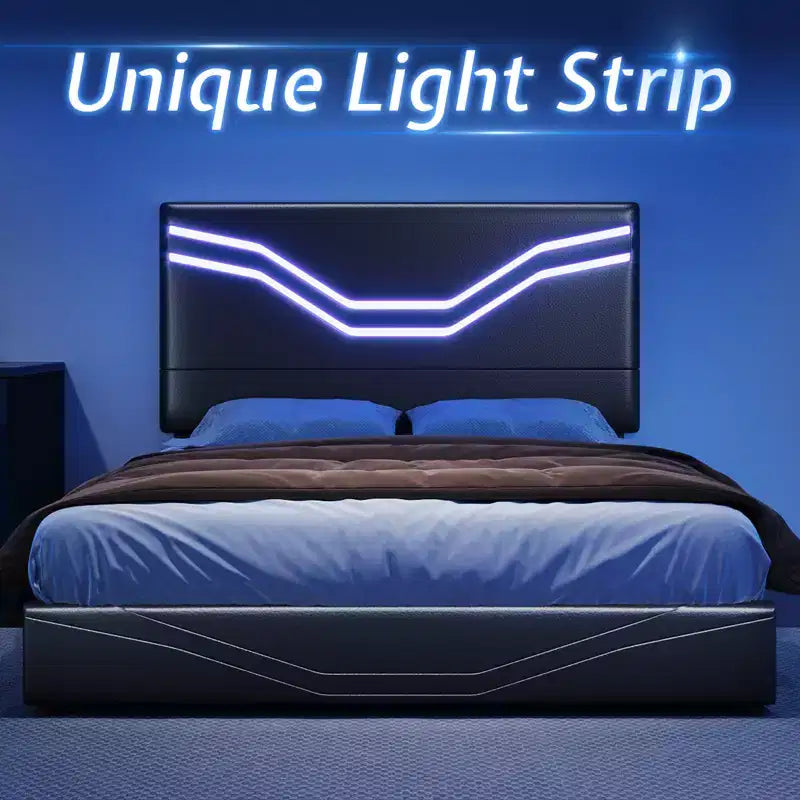 Cadre de lit AMERLIFE avec lumières LED et tiroirs de rangement, tête de lit rembourrée en cuir, aucun sommier tapissier requis