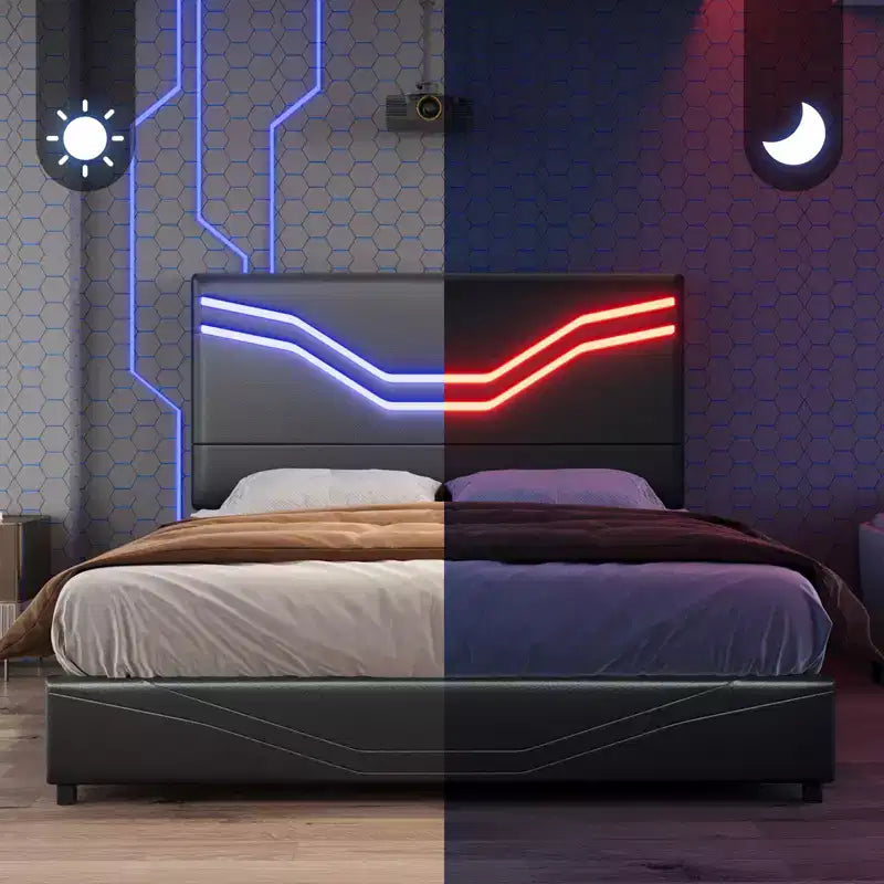 Cadre de lit AMERLIFE avec lumières LED et tiroirs de rangement, tête de lit rembourrée en cuir, aucun sommier tapissier requis