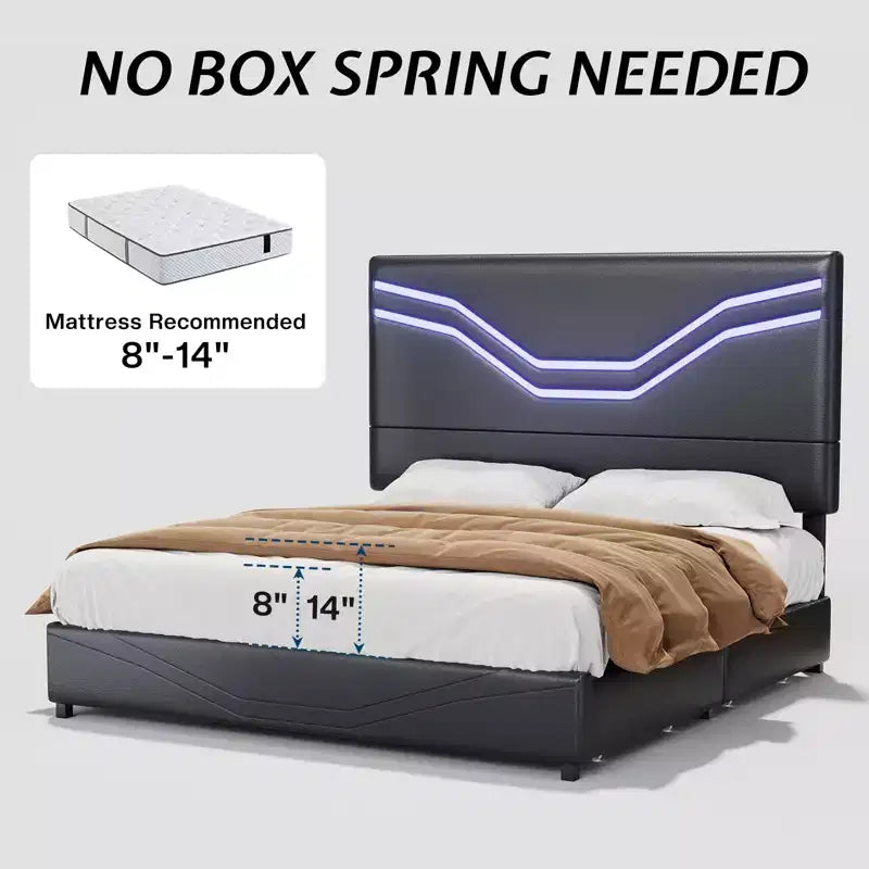 Cadre de lit AMERLIFE avec lumières LED et tiroirs de rangement, tête de lit rembourrée en cuir, aucun sommier tapissier requis