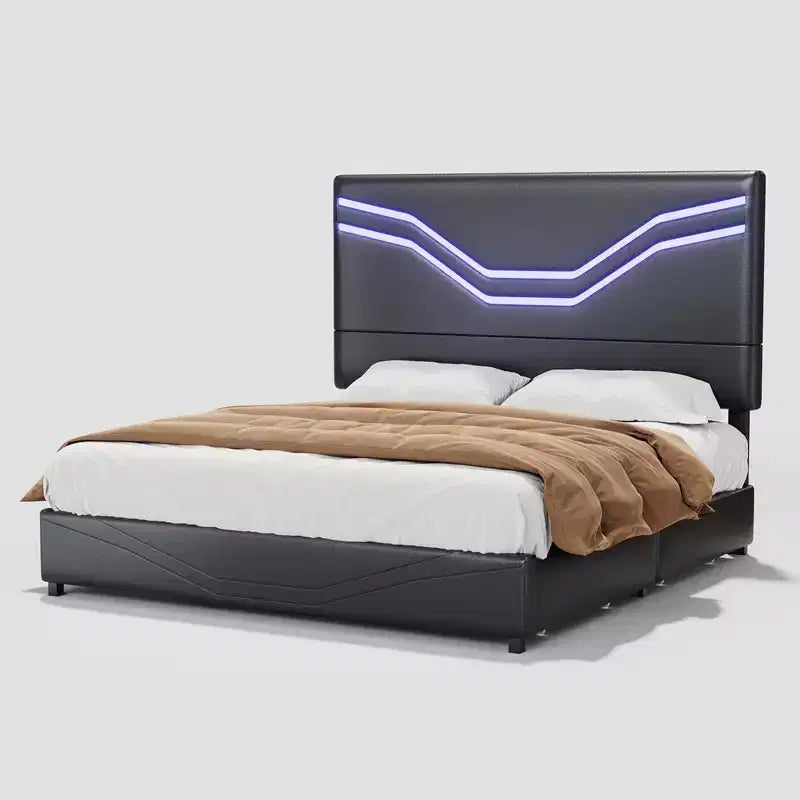 Cadre de lit AMERLIFE avec lumières LED et tiroirs de rangement, tête de lit rembourrée en cuir, aucun sommier tapissier requis