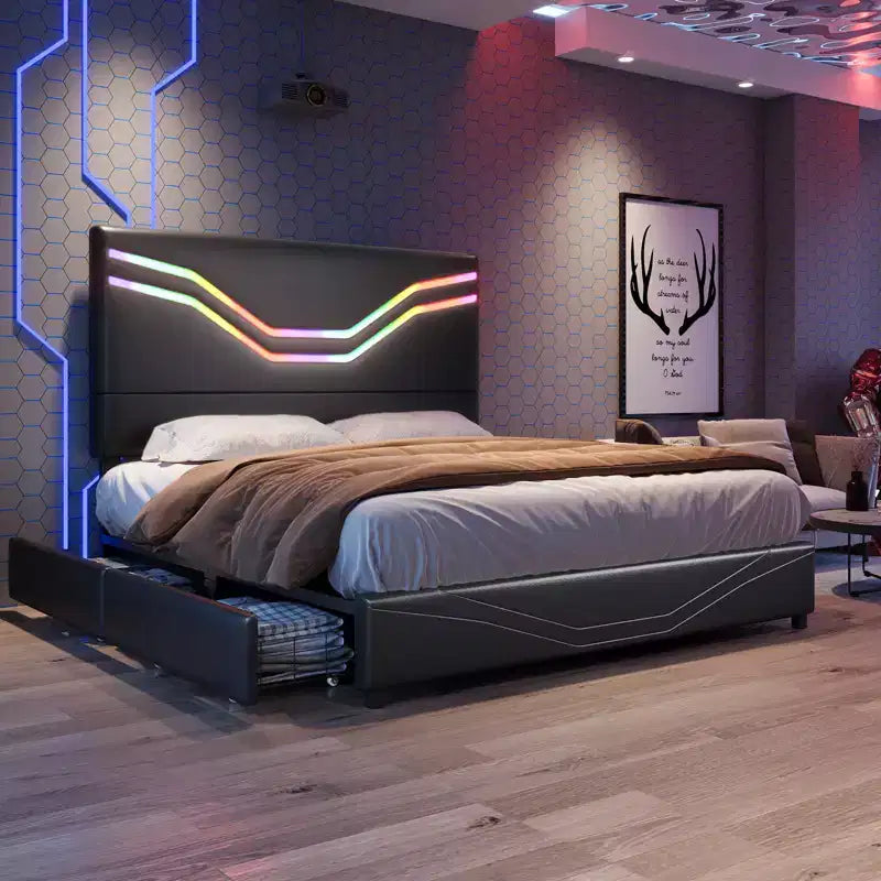 Cadre de lit AMERLIFE avec lumières LED et tiroirs de rangement, tête de lit rembourrée en cuir, aucun sommier tapissier requis