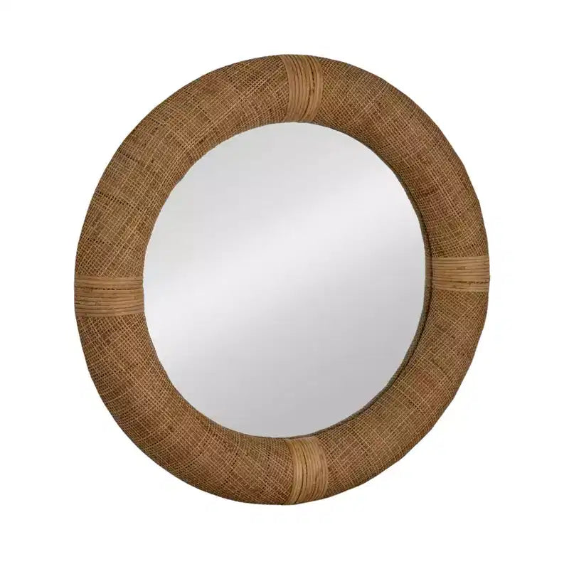 Storied Home Handwoven Rattan Cane Round Wall Mirror, Natural
