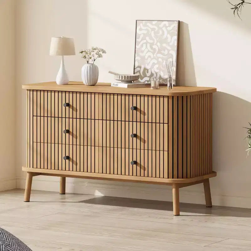 Acekool 6-Drawer Mid-Century Dresser  Natural Wood Storage with Black Accents