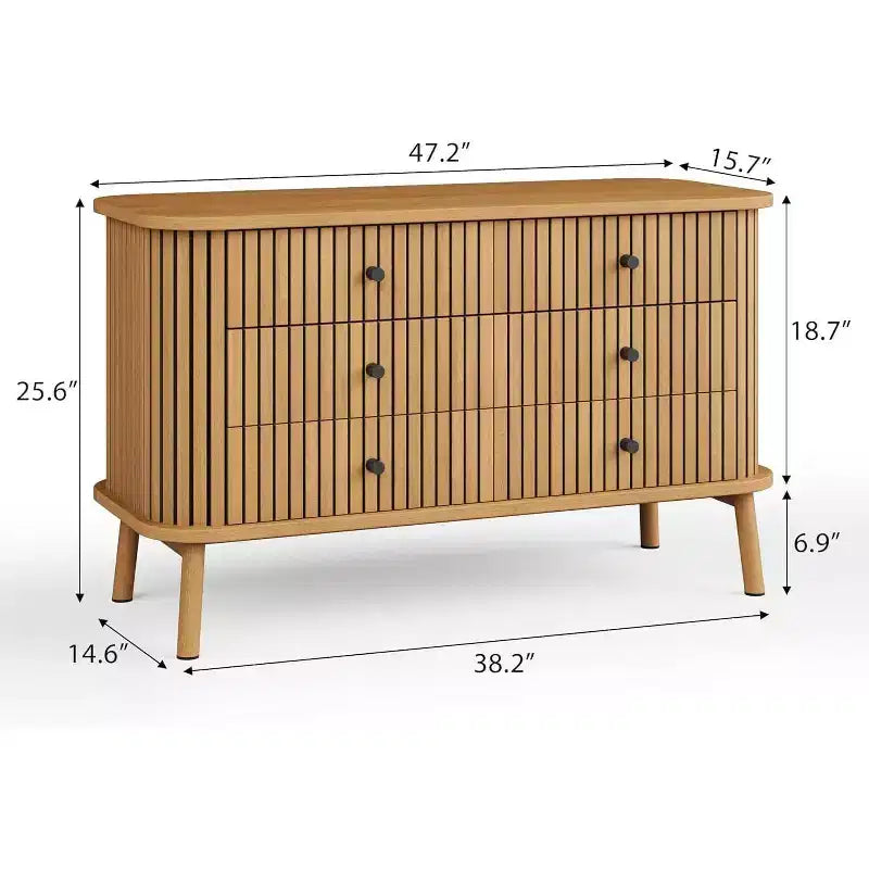 Commode 6 tiroirs Acekool, style scandinave, en bois naturel avec accents noirs