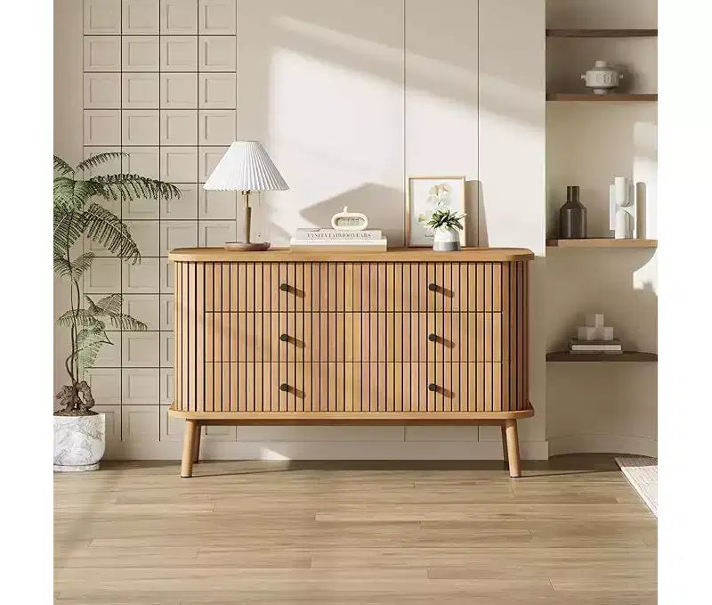 Commode 6 tiroirs Acekool, style scandinave, en bois naturel avec accents noirs