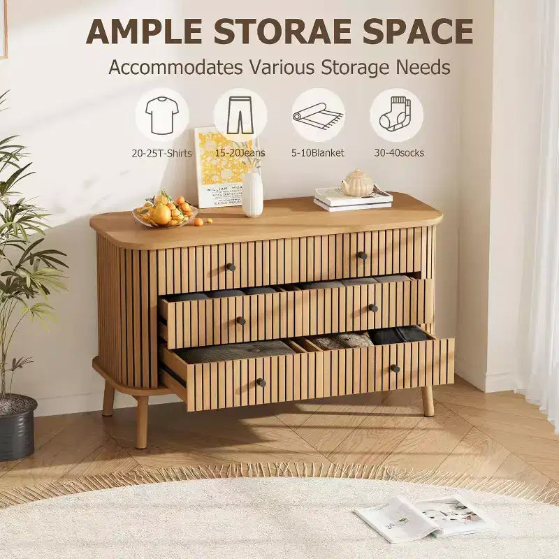 Commode 6 tiroirs Acekool, style scandinave, en bois naturel avec accents noirs