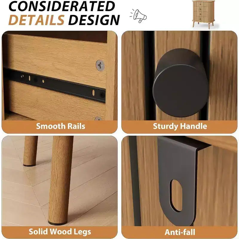 Commode 6 tiroirs Acekool, style scandinave, en bois naturel avec accents noirs