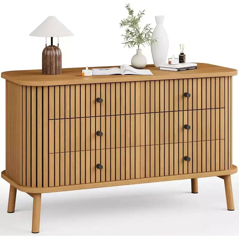 Commode 6 tiroirs Acekool, style scandinave, en bois naturel avec accents noirs