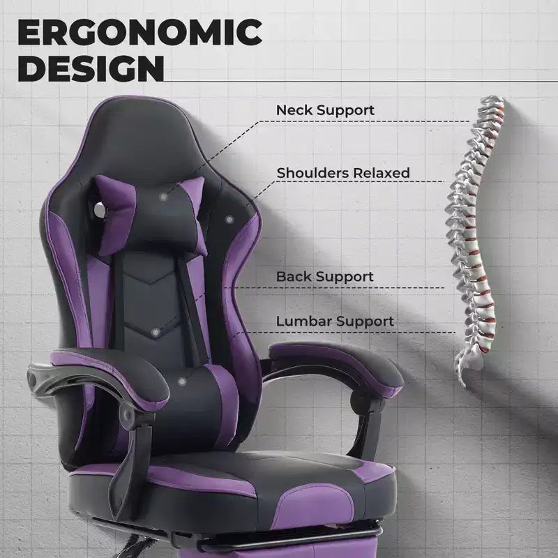 Chaise de jeu, chaise d'ordinateur ergonomique avec repose-pieds et support lombaire massant, chaise de jeu vidéo pivotante et réglable en hauteur
