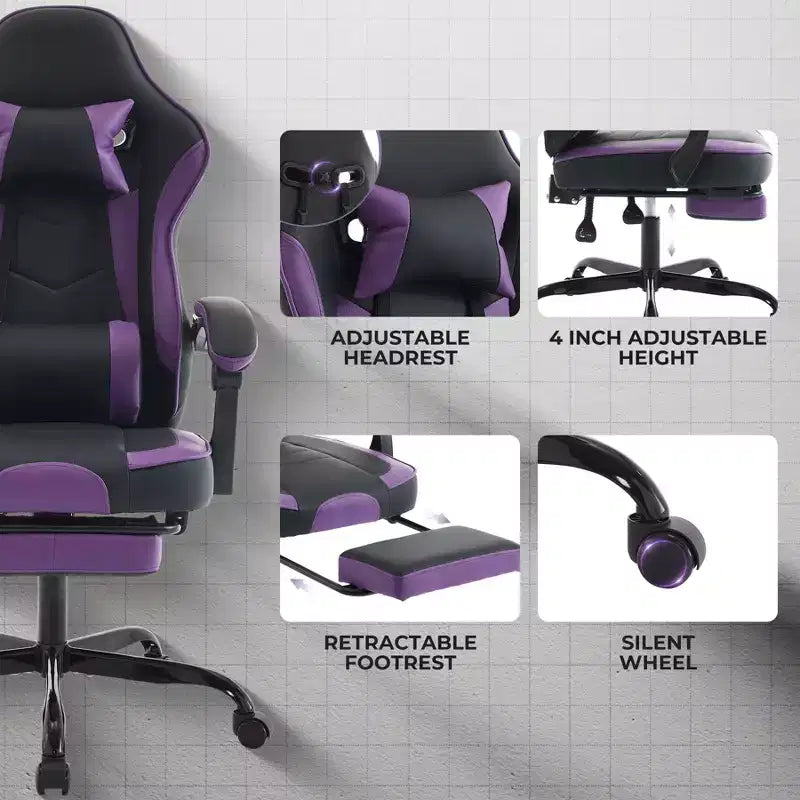 Chaise de jeu, chaise d'ordinateur ergonomique avec repose-pieds et support lombaire massant, chaise de jeu vidéo pivotante et réglable en hauteur