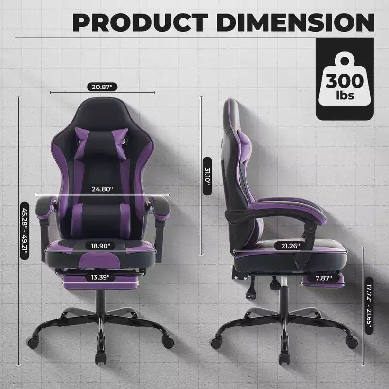 Chaise de jeu, chaise d'ordinateur ergonomique avec repose-pieds et support lombaire massant, chaise de jeu vidéo pivotante et réglable en hauteur