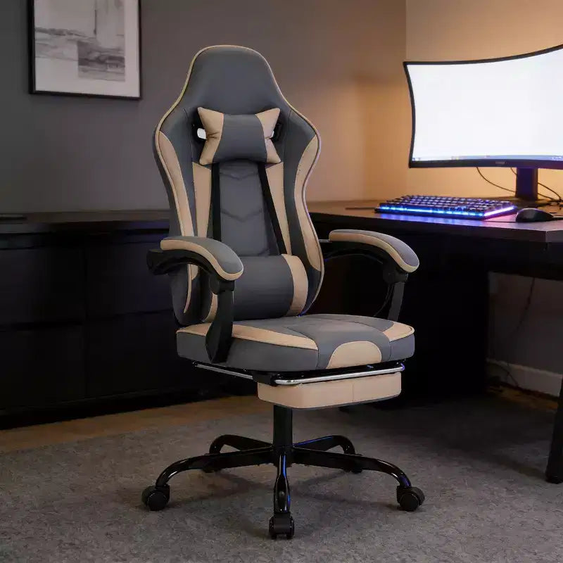 Chaise de jeu, chaise d'ordinateur ergonomique avec repose-pieds et support lombaire massant, chaise de jeu vidéo pivotante et réglable en hauteur