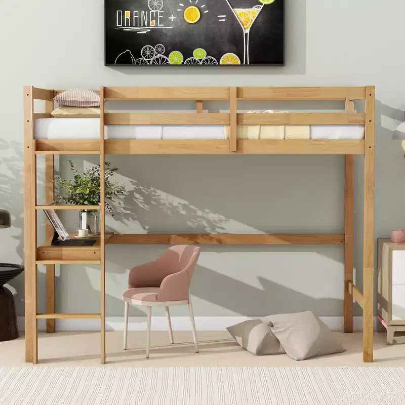 MAYEERTY Twin High Loft Bed with Safety Guardrail, Bulit-in Desk, Ladder Beige