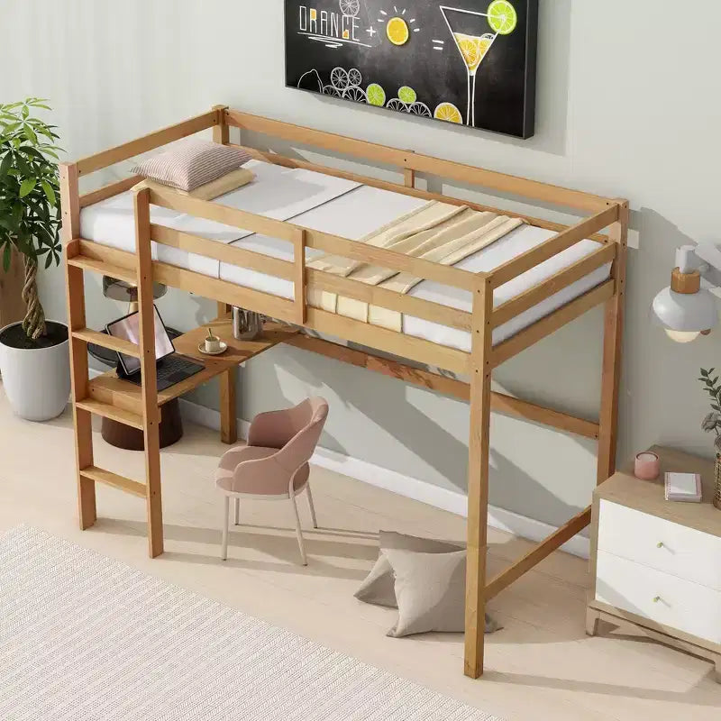 MAYEERTY Lit mezzanine double avec rambarde de sécurité, bureau intégré, échelle beige