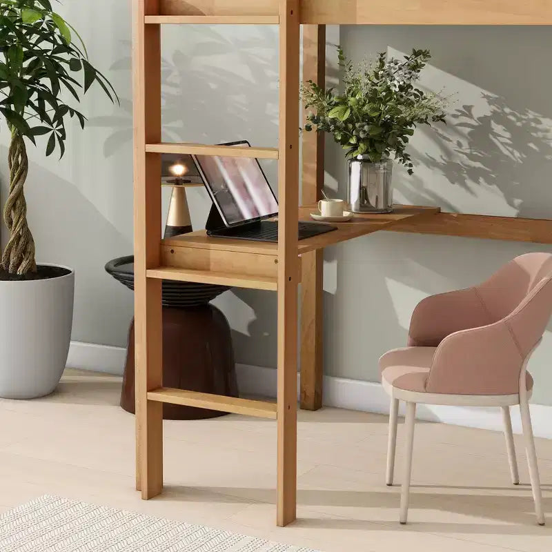 MAYEERTY Lit mezzanine double avec rambarde de sécurité, bureau intégré, échelle beige