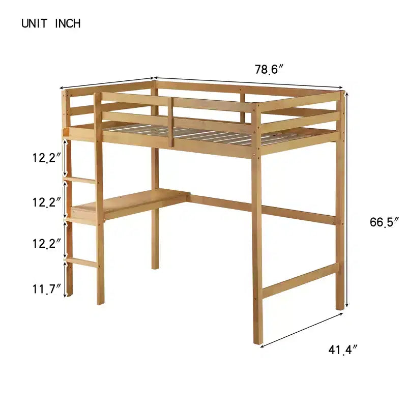 MAYEERTY Lit mezzanine double avec rambarde de sécurité, bureau intégré, échelle beige