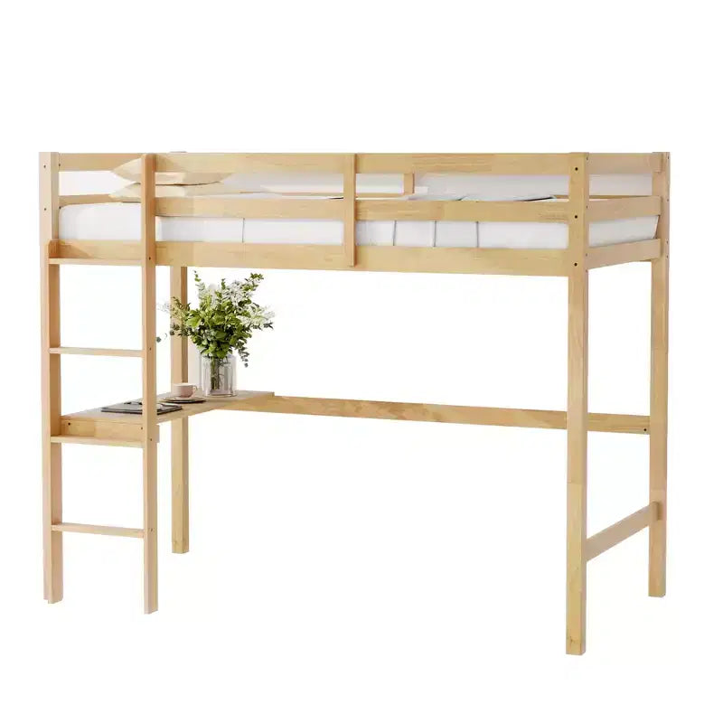MAYEERTY Lit mezzanine double avec rambarde de sécurité, bureau intégré, échelle beige