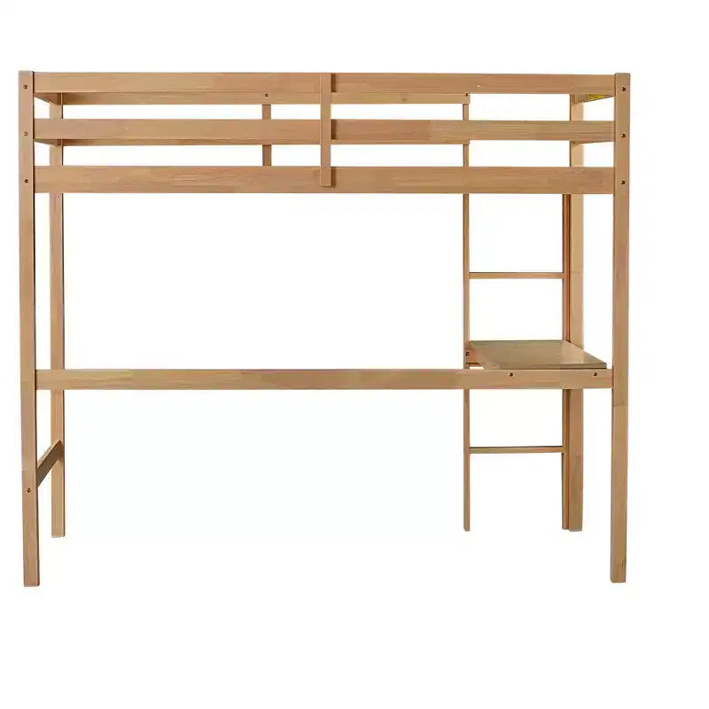 MAYEERTY Lit mezzanine double avec rambarde de sécurité, bureau intégré, échelle beige