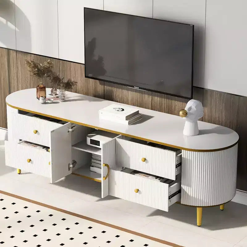 CLIHOME Meuble TV Moderne pour Téléviseurs jusqu'à 80 Pouces, Meuble TV en Bois avec 4 Tiroirs et 1 Placard