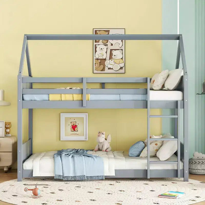 MAYEERTY Twin Rubber Wood Floor BUnk Bed with Ladder, Guardrails, House Shaped Bunk Bed Blue