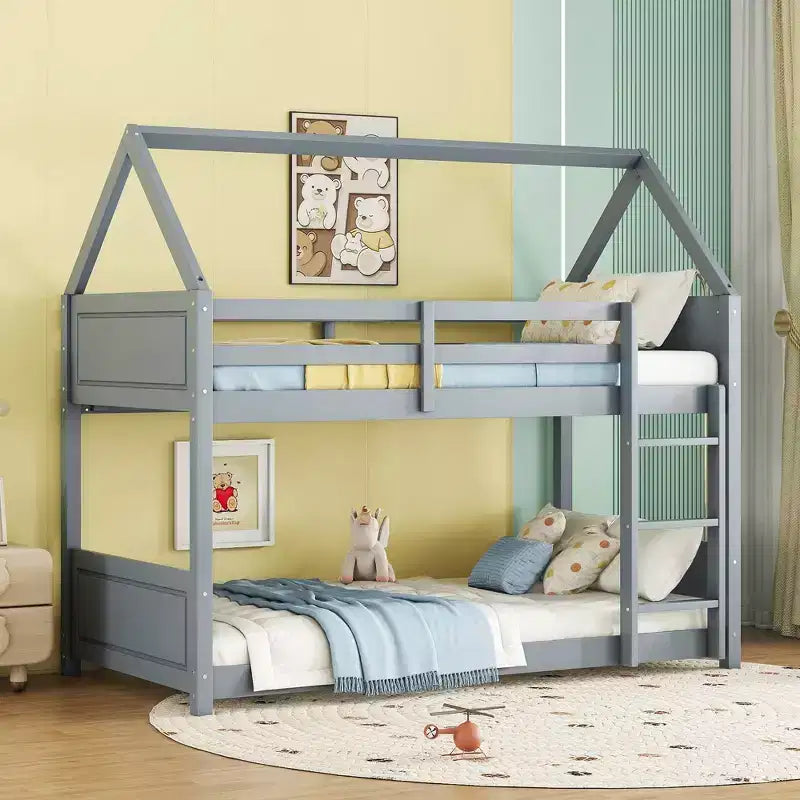 Lit superposé MAYEERTY en bois d'hévéa double avec échelle, barrières de sécurité, lit superposé en forme de maison bleu