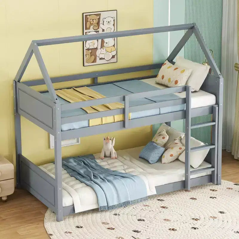 Lit superposé MAYEERTY en bois d'hévéa double avec échelle, barrières de sécurité, lit superposé en forme de maison bleu