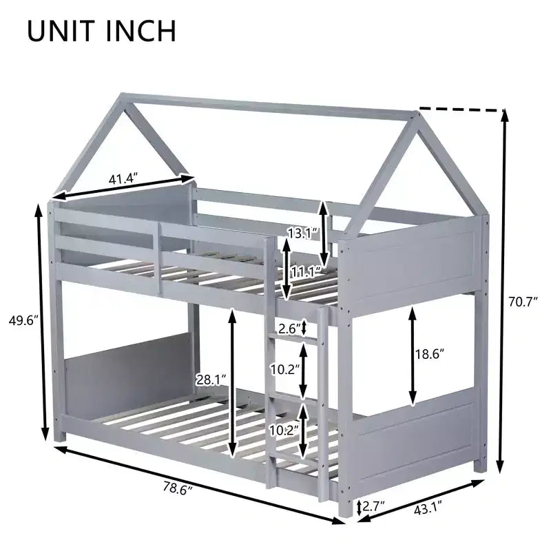 Lit superposé MAYEERTY en bois d'hévéa double avec échelle, barrières de sécurité, lit superposé en forme de maison bleu