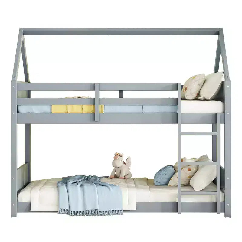 Lit superposé MAYEERTY en bois d'hévéa double avec échelle, barrières de sécurité, lit superposé en forme de maison bleu