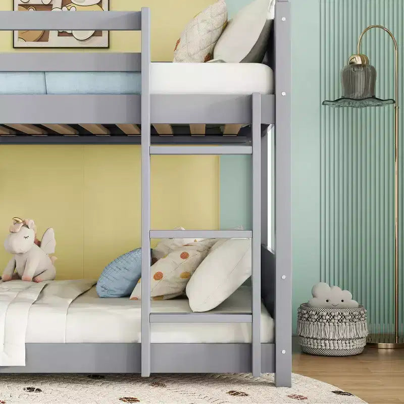 Lit superposé MAYEERTY en bois d'hévéa double avec échelle, barrières de sécurité, lit superposé en forme de maison bleu