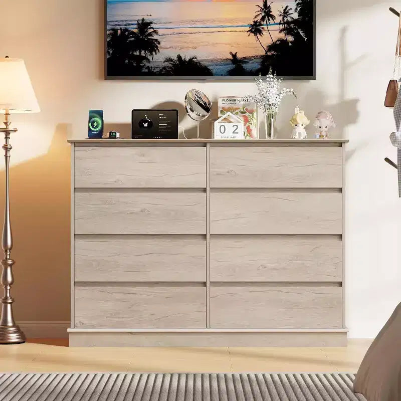 Acekool Commode 8 Tiroirs pour Chambre à Coucher, Grande Commode Double, Grande Commode Horizontale avec Tiroirs Profonds, Rangement Moderne pour Salon, Couloir, Chambre d'Enfant